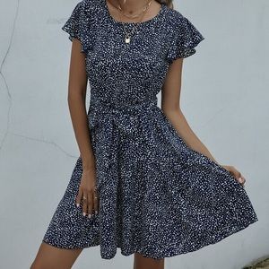 Small Confetti Print Belted A-Line Dress